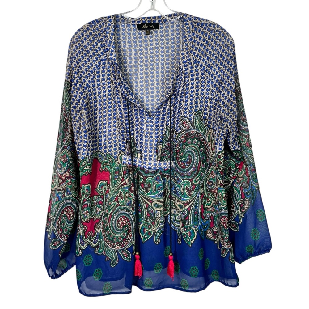Melissa Paige Blue Paisley Swirl Pattern Tassel Tie Chiffon Blouse Bohemian M